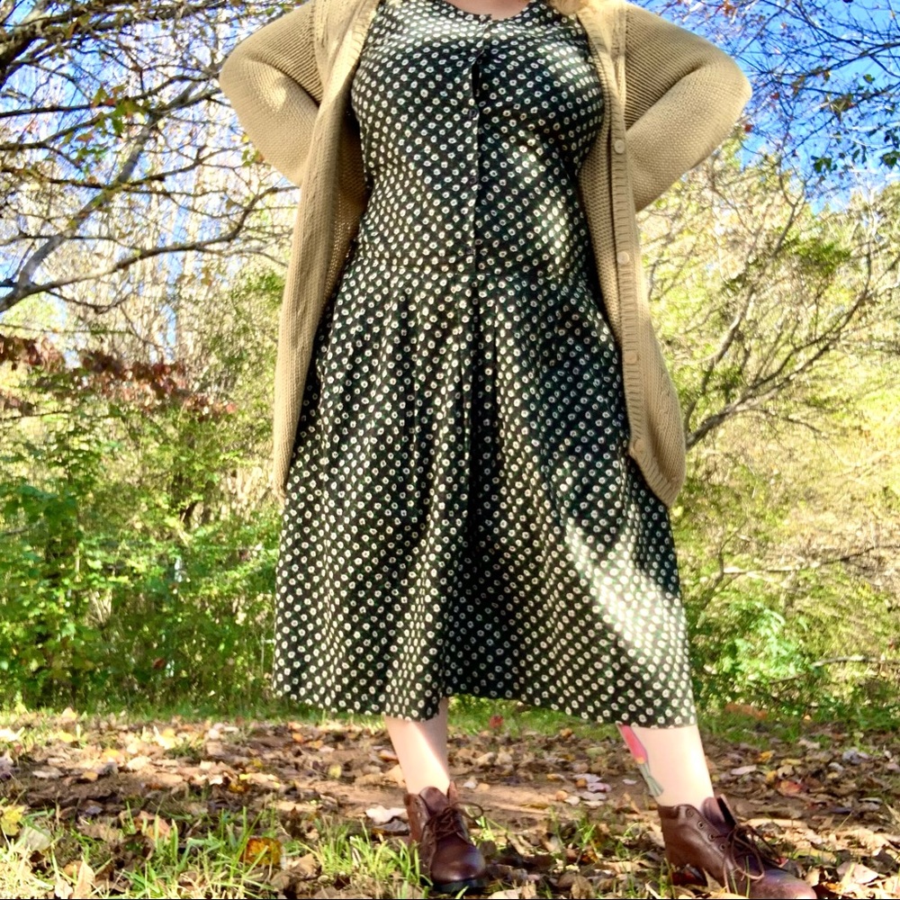 vintage 90s cottagecore Bavarian brown floral dirndl jumper dress M/L